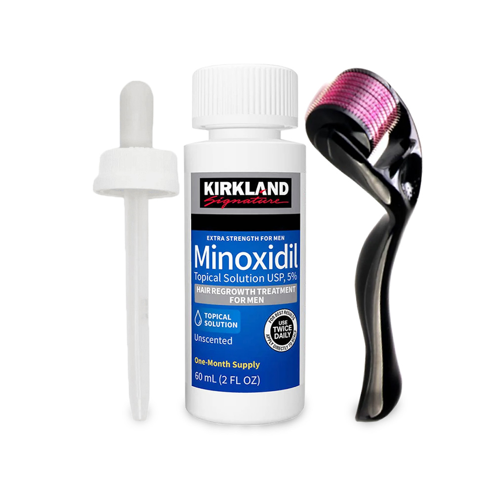 Kirkland Signature Topical Minoxidil 5% Extra Strength for Men Hair Regrowth Treatment with Derma Roller - 1 Month Supply - MNXMC